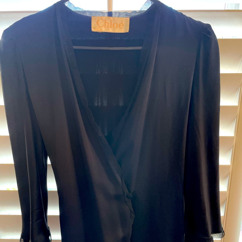 CHLOE black robe style mini. Chiffon edging, silk.